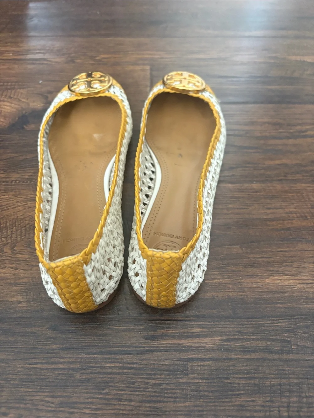 Tory Burch Yellow & White Woven Logo Flats